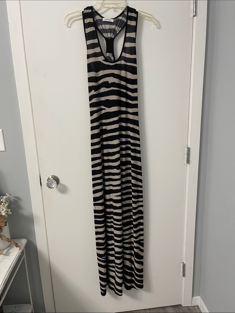 Calvin Klein Black and Beige Striped Racerback Maxi Dress